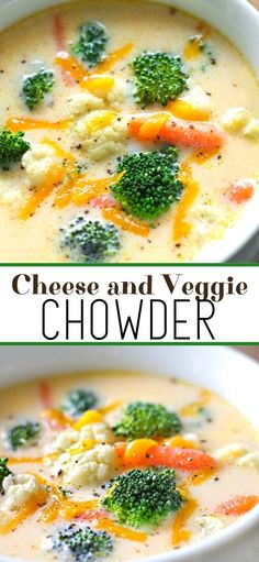 broccoli and veggie chowder soup in a white bowl