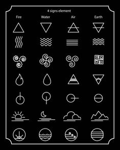 the symbols for different types of water, air and fire on a black background with white outline