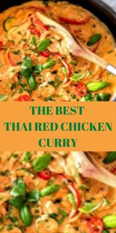 the best thai red chicken curry in a skillet with chopsticks on top