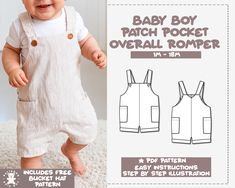 the baby boy patch pocket overall romper sewing pattern is easy to sew and has an adjustable back