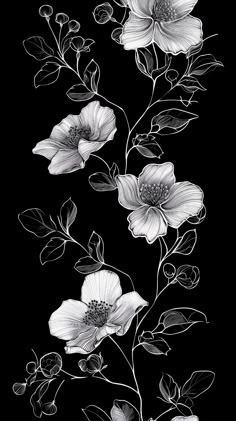 black and white flowers on a black background