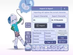 an animated character is standing next to a computer screen with information about the characters and their names