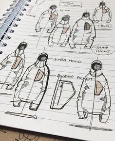 an open notebook with sketches of different types of jackets and coats on top of it