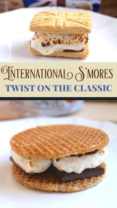 two waffle sandwiches on a plate with the words international s'mores twist on the classic