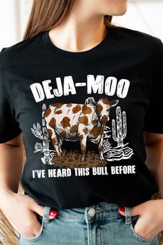 Deja Moo Heard This Bull Before Western Cow Graphic T Shirts.Unisex Crew Neck Short Sleeve Tees.Crafted from premium materials, tailored to your lifestyle, ensuring a comfortable fit for any occasion.Family Group Uniforms Birthday Party Gift Concert Festival Events.High Quality Direct To Film Printed Graphic Design.100%COTTON,HEATHER(52%COTTON,48%POLY),ATH.HEATHER,BLACK HEATHER(90%COTTON,10%POLY)NICARAGUAMade In: Nicaragua Deja Moo, Cow Graphic, Concert Festival, Make Her Smile, Film Prints, You Are The World, Graphic Design Print, Birthday Party Gift, Spring Shirts