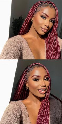 Box Braids Hairstyles Burgundy, Pretty Box Braids Hairstyles, Box Braids Hairstyles For Birthday, Burgundy Braided Hairstyles, Burgandy Braids For Black Women, Burgundy Cornrow Braids, Black And Burgundy Box Braids, Burgundy Braids Black Women, Burgundy And Black Braids