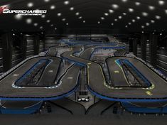 an artist's rendering of a race track with multiple lanes and lights on the ceiling