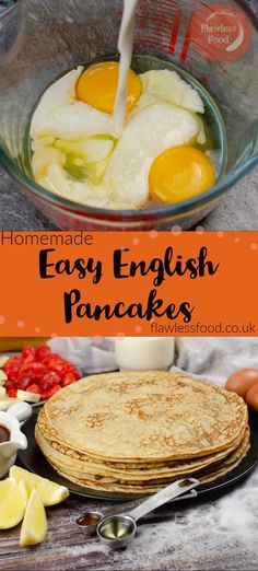 homemade english pancakes with eggs being poured on top