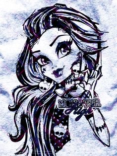 a drawing of a girl with long hair holding a knife in one hand and skull on the other