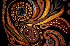 an artistic painting with circles and swirls on black paper, depicting the colors of feathers