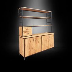 a wooden cabinet with metal shelves and drawers on the front, against a black background