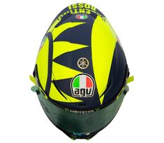 an image of a yellow and black helmet on a white background with the italian flag painted on it