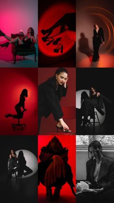 a collage of photos with different people in black and red colors, including one woman sitting on a chair