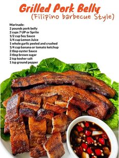 grilled pork belly recipe on a white plate with lettuce