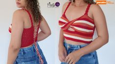 two pictures of a woman wearing a red and white striped crop top with an open back