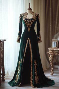 Indian Royal Dress For Women, Medieval Wedding Gown, Medieval Dress Art, Green Elven Dress, Elven Patterns, Celtic Gown, Green Medieval Dress, Got Dresses