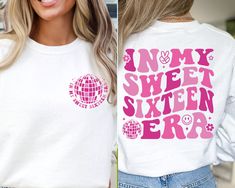 a woman with blonde hair wearing a white shirt that says, in my sweet sixteen era