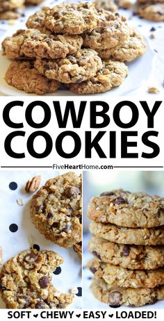 Cowboy Cookies, three-photo collage with text showing cowboy cookies recipe on platter and cowboy cookie recipe on table.