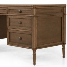 a wooden desk with three drawers and one drawer on the top, in front of a white background