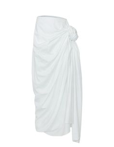 Materials: 100% cotton    colors: white    description: 100% cotton fabric draped midi skirt featuring a knot detail on one side    details    - draped midi skirt  - knot detail  - 100% cotton fabric Chic White Asymmetrical Draped Skirt, Chic White Ruched Maxi Skirt, Relaxed Ruched Draped Skirt, Elegant Cotton Asymmetrical Maxi Skirt, White Draped Relaxed Skirt, Ruched Cotton Skirt, Chic White Flowy Draped Skirt, Chic White Relaxed Fit Draped Skirt, Cotton Ruched Flowy Skirt