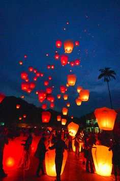 many lanterns floating in the air at night