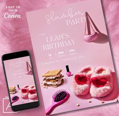 a pink birthday party flyer with shoes, hair brush and cookies on the table next to it