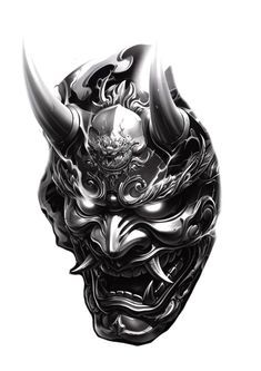 a black and white drawing of a demon mask with horns on it's head