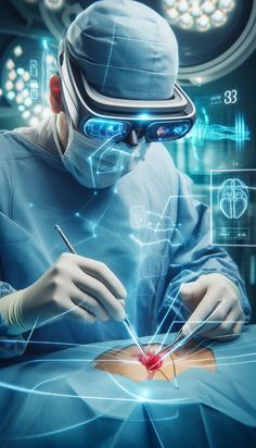 a man in a surgical suit is working on an electronic device with futuristic technology surrounding him