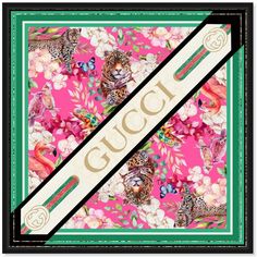 a gucci scarf with pink and green flowers, leopards and flamingos on it