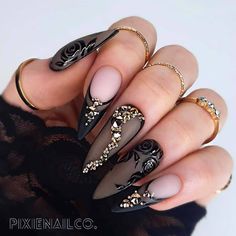 Witchy Nails, Halloween Acrylic Nails, Lace Nails, Swarovski Nails, Prom Nails