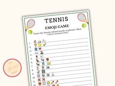 a tennis game with the words tennis emoi game written on it and an image of a racket