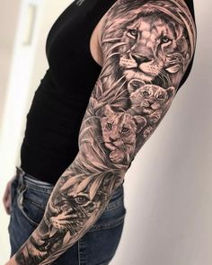 a woman's arm with an animal tattoo on it, and two lions in the background