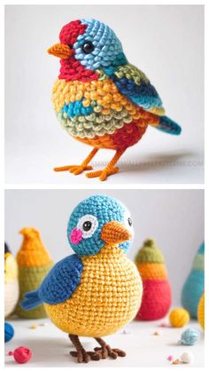 crocheted bird sitting on top of an egg next to another photo with eggs in the background