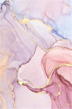 an abstract painting with pink, blue and gold colors on it's surface is shown