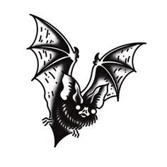 a black and white image of a bat with fangs on it's wings, in the shape of a skull