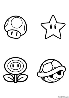 four different types of mario and luigi's mushroom head coloring pages for kids to color