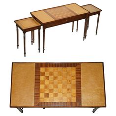 three pieces of wood with chess board on top and two end tables below each one