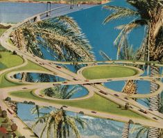 an artist's rendering of a palm tree - lined road with cars driving on it