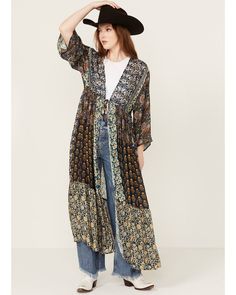 One size fits most 100% viscose Long Fall Vacation Tops, Print Kimonos, Geo Print, Modern Bohemian, Get Directions, Skirt Design, Bohemian Style, Free People, Black