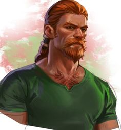 a drawing of a man with long red hair and beard wearing a green t - shirt