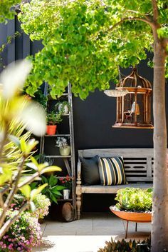 a wooden bench sitting under a tree next to a birdcage and potted plants