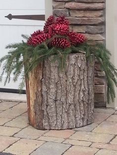 a tree stump with pine cones and evergreen needles in it sitting on the ground next to a door