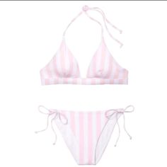 Brand New With Tags Victoeia Secret Brand 2pc Swim.Set Pink /White Colors Striped Pattern Halter Style Top String Bikini Bottoms Size-Medium Victoria’s Secret Swim, White Victoria's Secret Swimwear For Summer, White Victoria's Secret Swimwear For Poolside, Bright Bikinis, Halter Swim Top, Pink Swim, Tankini Swimsuit Top, Pink Swimsuit, White Colors