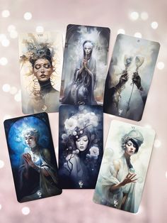 four cards with different pictures on them, all showing the same woman's face