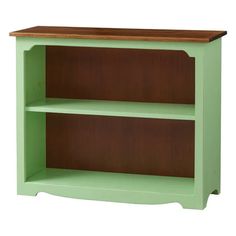 a green bookcase with two wooden shelves