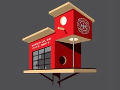 a red fire department building with a clock on the top and windows that read birdhouse fire dept