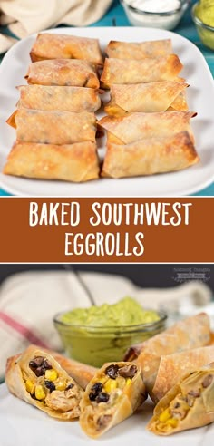 baked southwest eggrolls on a white plate with guacamole and salsa