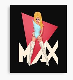 a woman in white stockings and boots standing next to a red star with the word max on