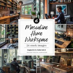 a man sitting at his desk in front of a computer and bookshelf with the words masculine home workspace 24 stock images