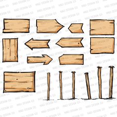 wooden signs and arrows are drawn in pencil on a white background with the words,